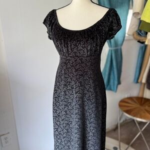 Vintage 90s GIRLFRIENDS Black and Silver Milkmaid Maxi Dress W Metallic Floral